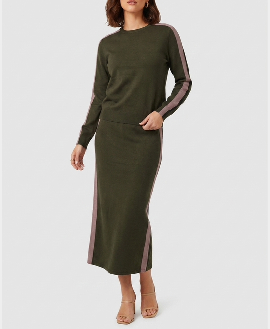 
Sweater w/ Stripe Sides & Midi Skirt - 2 Pc Set in OLIVE MULTI view 1