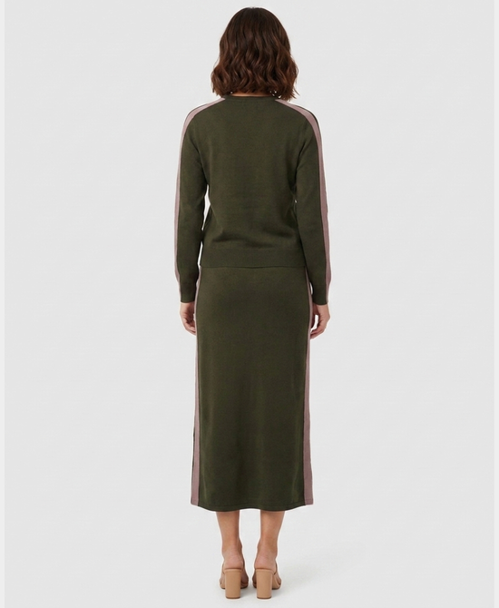 
Sweater w/ Stripe Sides & Midi Skirt - 2 Pc Set in OLIVE MULTI view 2