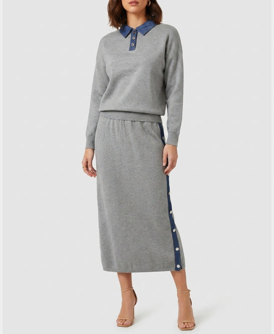 
Sweater w/ Denim Trim & Midi Skirt - 2 Pc Set in GREY/BLUE view 1
