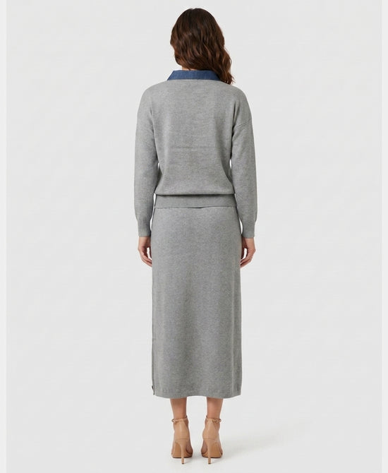 
Sweater w/ Denim Trim & Midi Skirt - 2 Pc Set in GREY/BLUE view 2