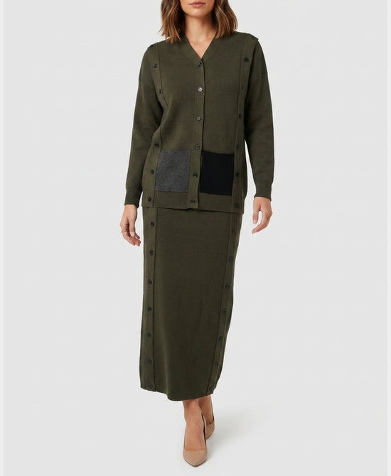 
Cardigan w/ Button Detail & Maxi Skirt - 2 Pc Set in OLIVE view 1
