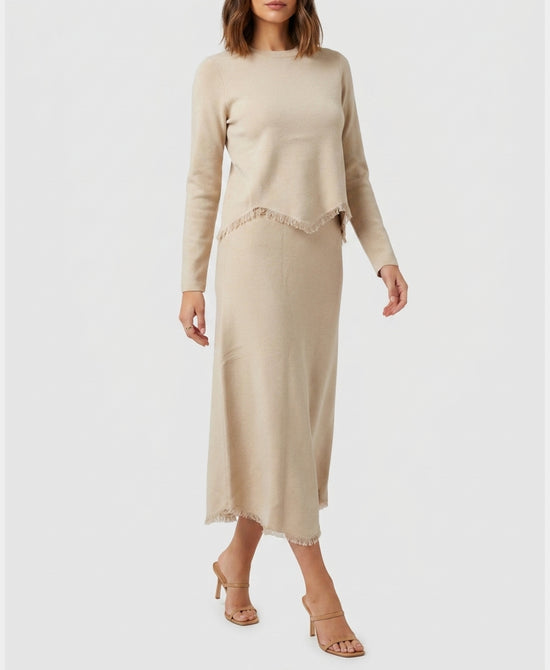 
Sweater w/ Fringe Hem & Midi Skirt - 2 Pc Set in CREAM view 1