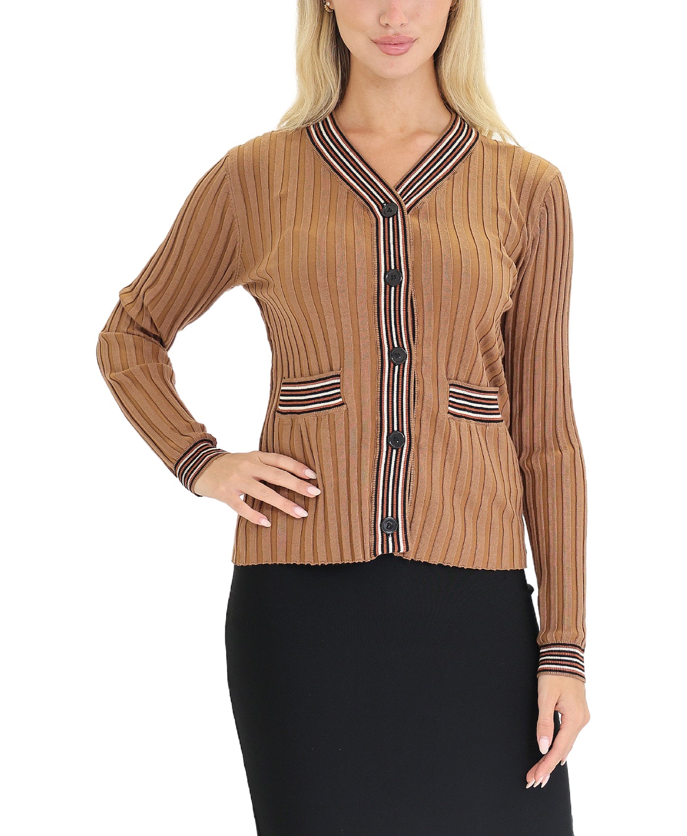 Knit Ribbed Cardigan w/ Stripe Trim view 1