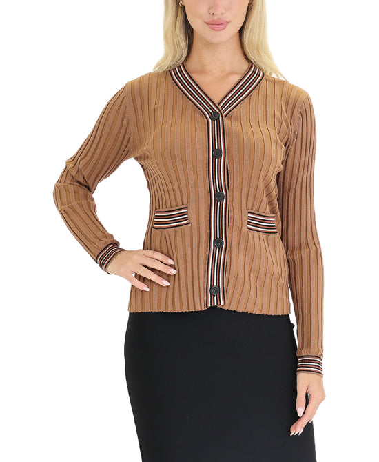 Knit Ribbed Cardigan w/ Stripe Trim view 