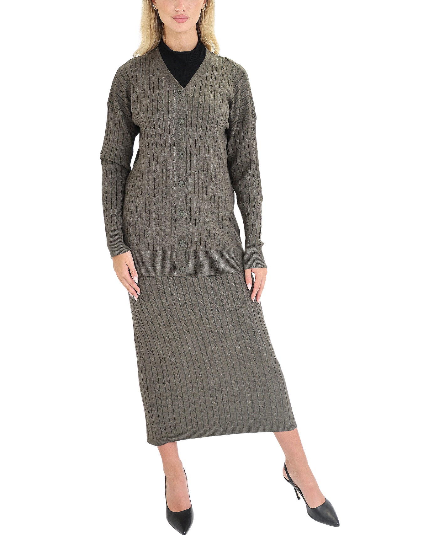 Cable Knit Cardigan & Maxi Skirt Set- 2 Pc Set view 1