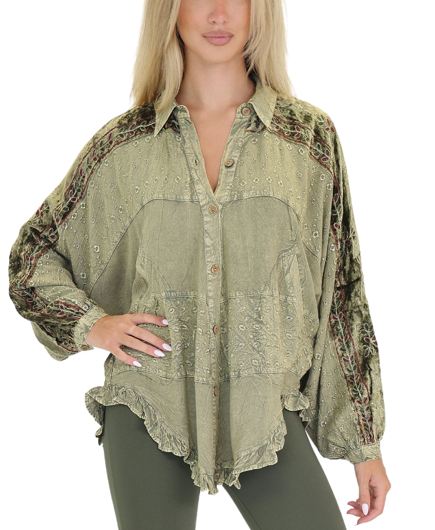 Embroidered Crushed Velvet Trim Top view 1