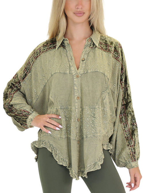 Embroidered Crushed Velvet Trim Top view 