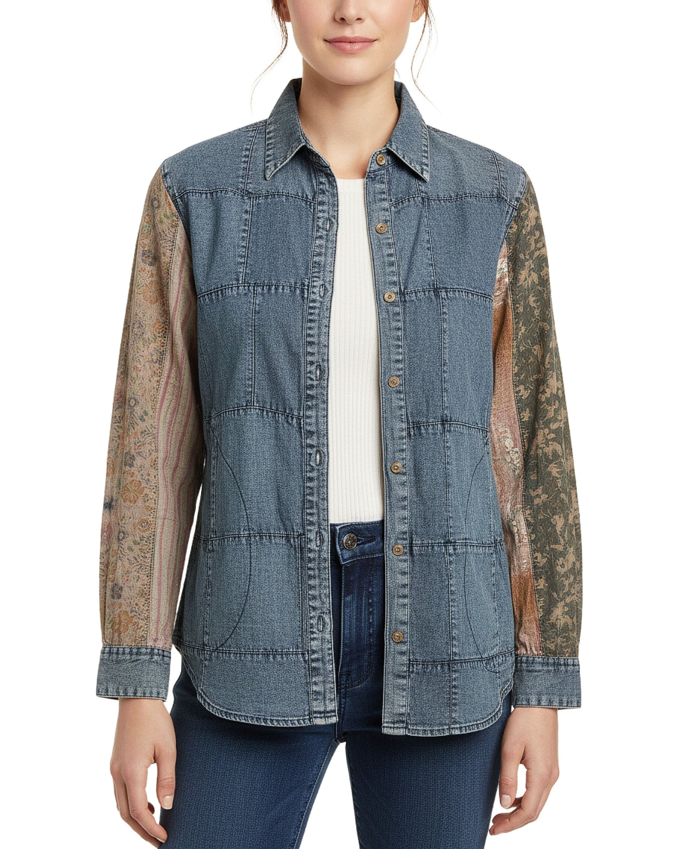 Mixed Media Patchwork Denim Shirt view 1