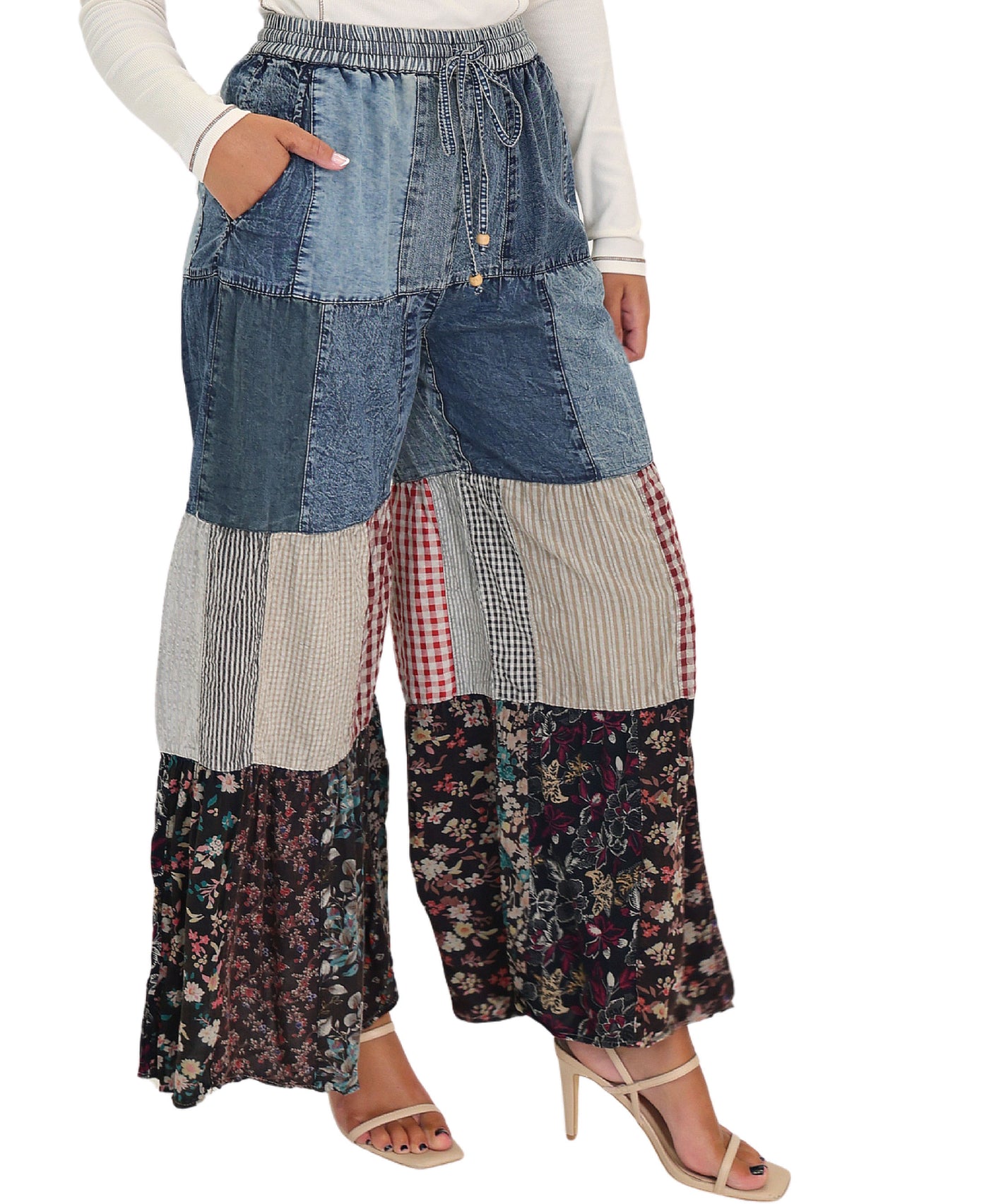 Patchwork Tiered Denim Pants view 1