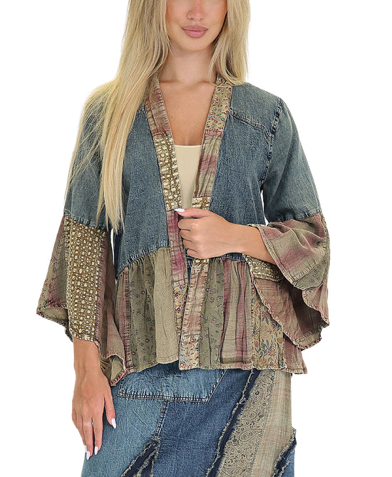Denim Cardigan w/ Patchwork view 
