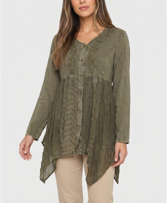 
Asymmetrical Top w/ Embroidered Detail in OLIVE view 1