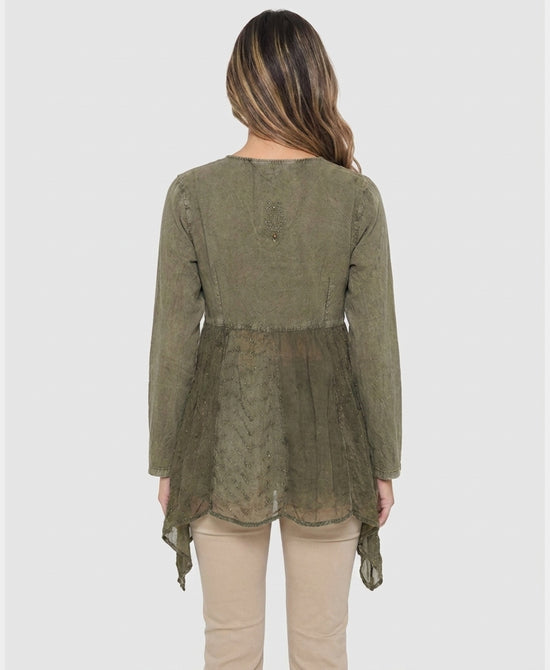 
Asymmetrical Top w/ Embroidered Detail in OLIVE view 2