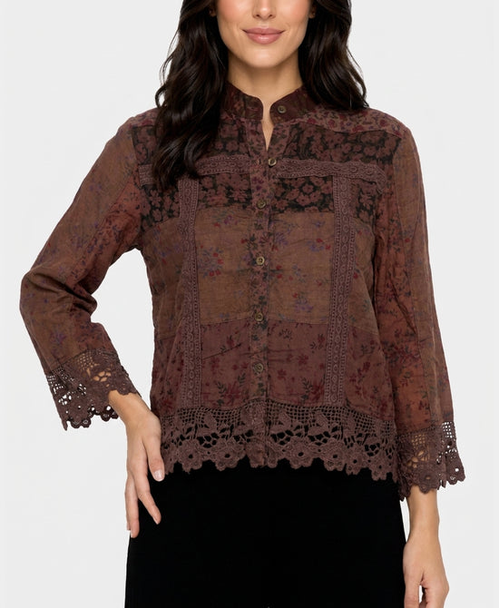 
Printed Top w/ Crochet Trim in WINE view 1
