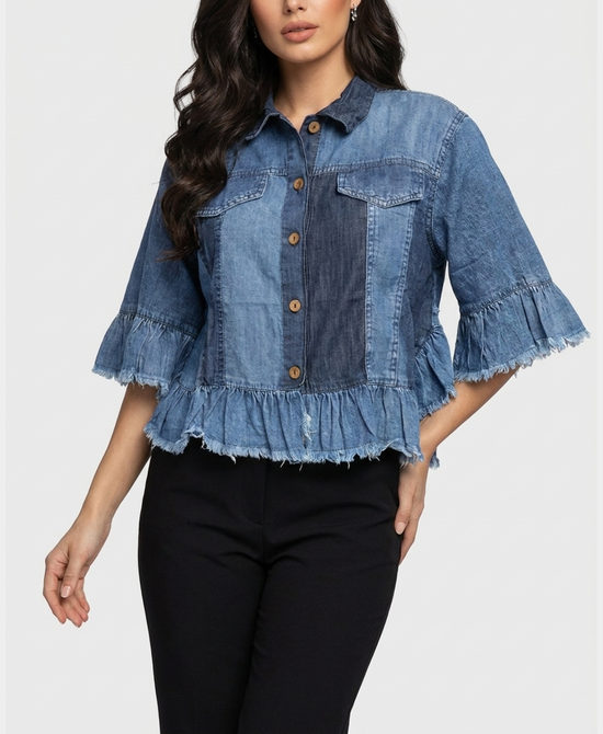 
Denim Shirt w/ Frayed Ruffles in BLUE DENIM view 1