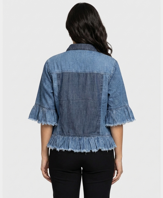 
Denim Shirt w/ Frayed Ruffles in BLUE DENIM view 2