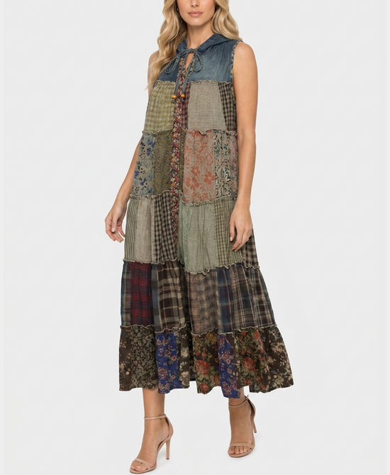 
Patchwork Tiered Maxi Dress w/ Hood in MULTI view 1