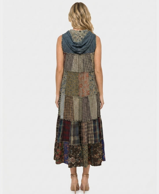 
Patchwork Tiered Maxi Dress w/ Hood in MULTI view 2