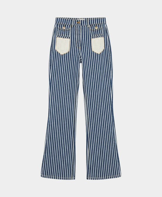 Striped Denim Pants w/ Crochet Trim view 1