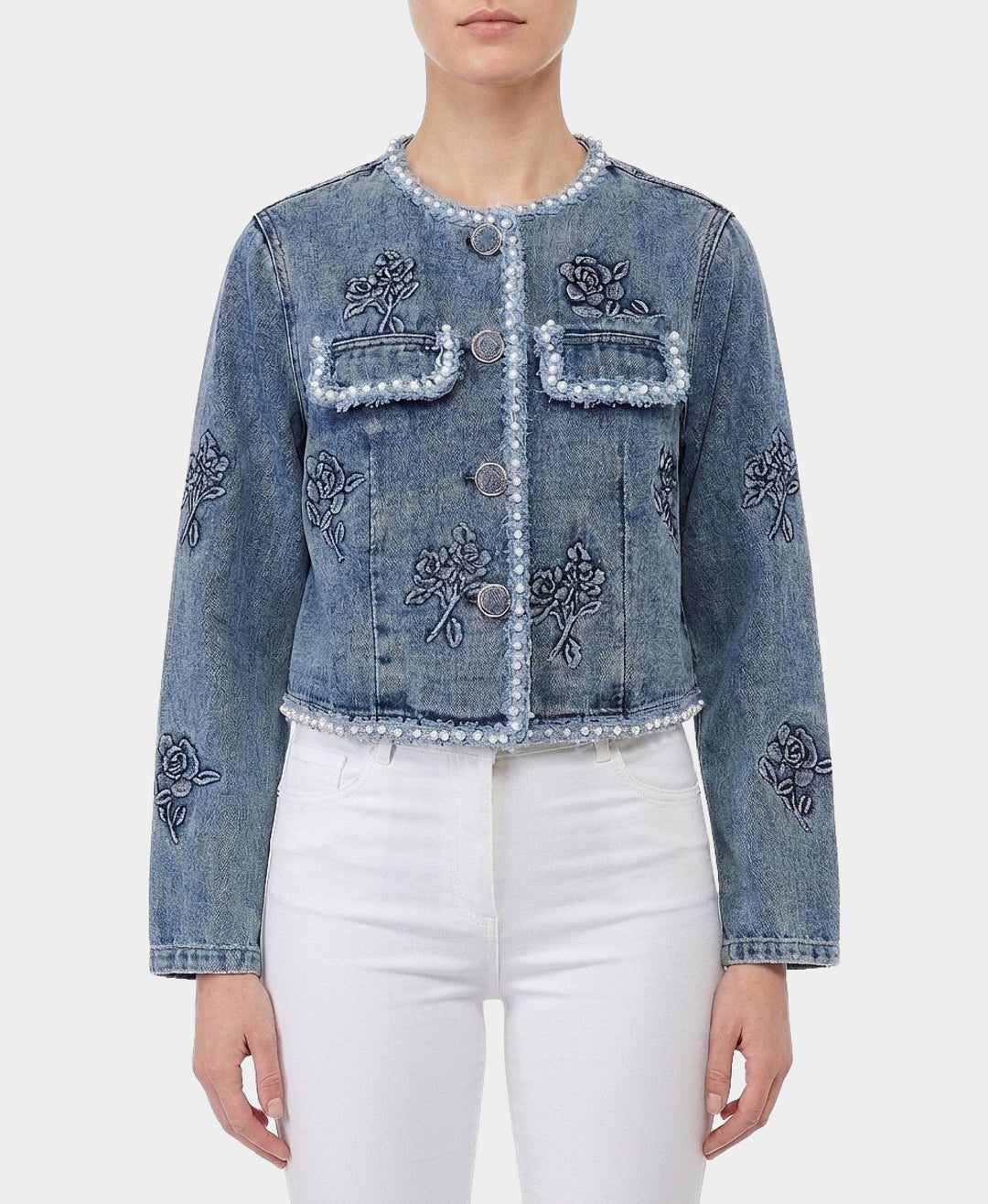 Embossed Rose Denim Jacket w/ Pearl Trim – FOX'S - Online