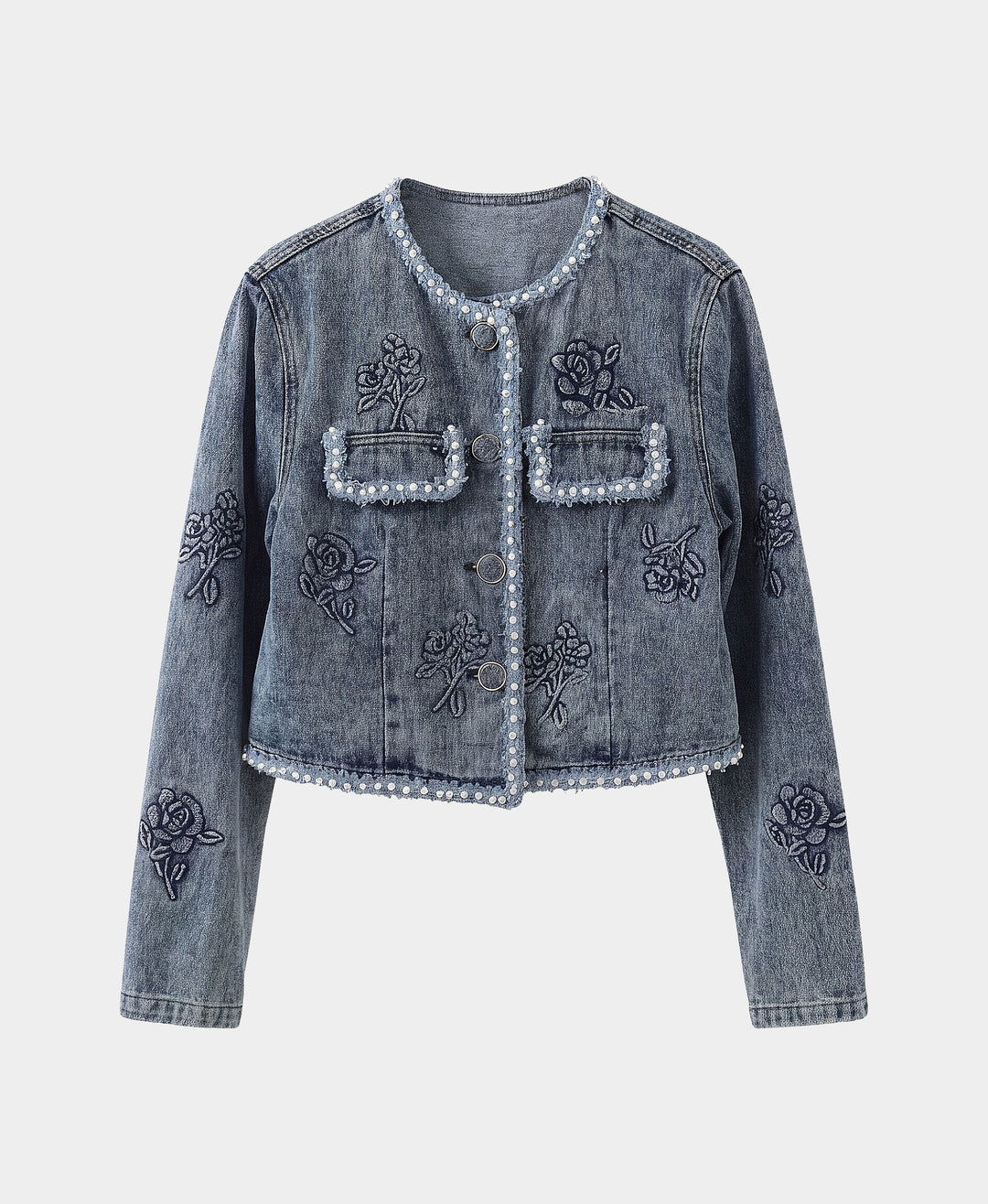 Embossed Rose Denim Jacket w/ Pearl Trim – FOX'S - Online