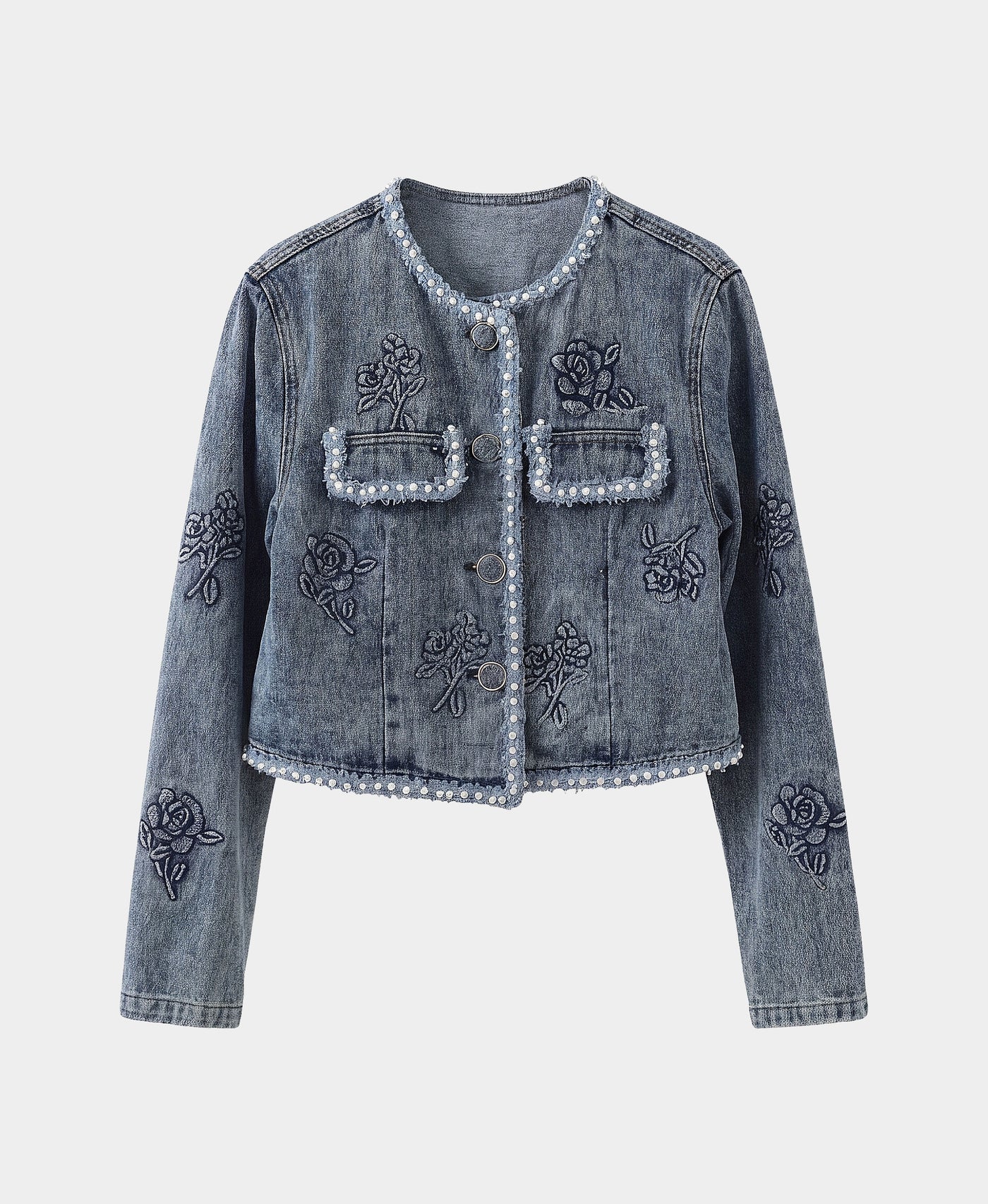 Embossed Rose Denim Jacket w/ Pearl Trim – FOX'S - Online