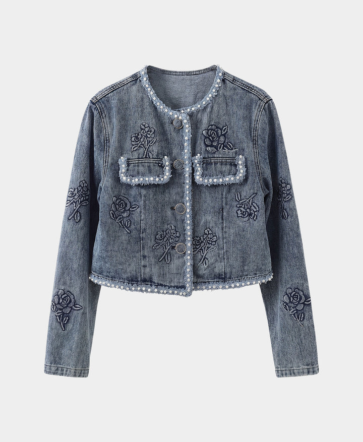 Embossed Rose Denim Jacket w/ Pearl Trim – FOX'S - Online