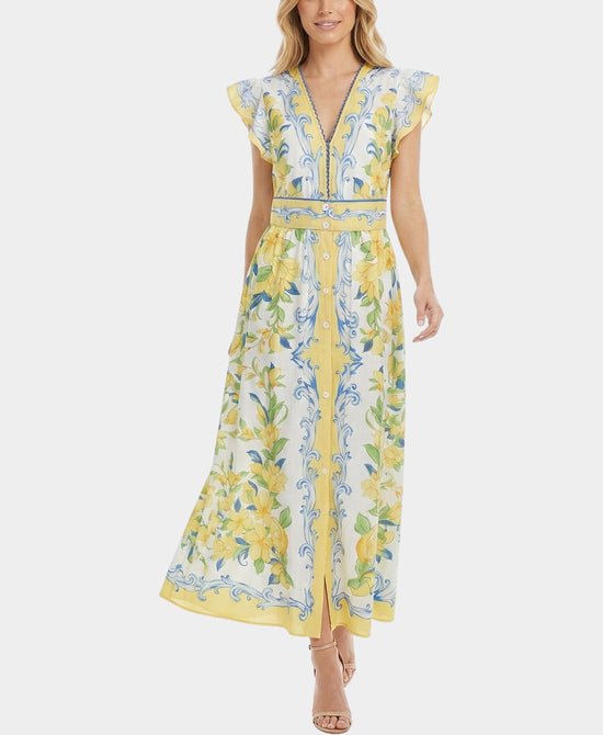 
Floral Print Maxi Dress w/ Ruffle Sleeves in YELLOW MULTI view 1