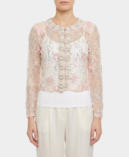 Flower Embroidered Jacket w/ Rhinestones, Sequins & Pearls view 1