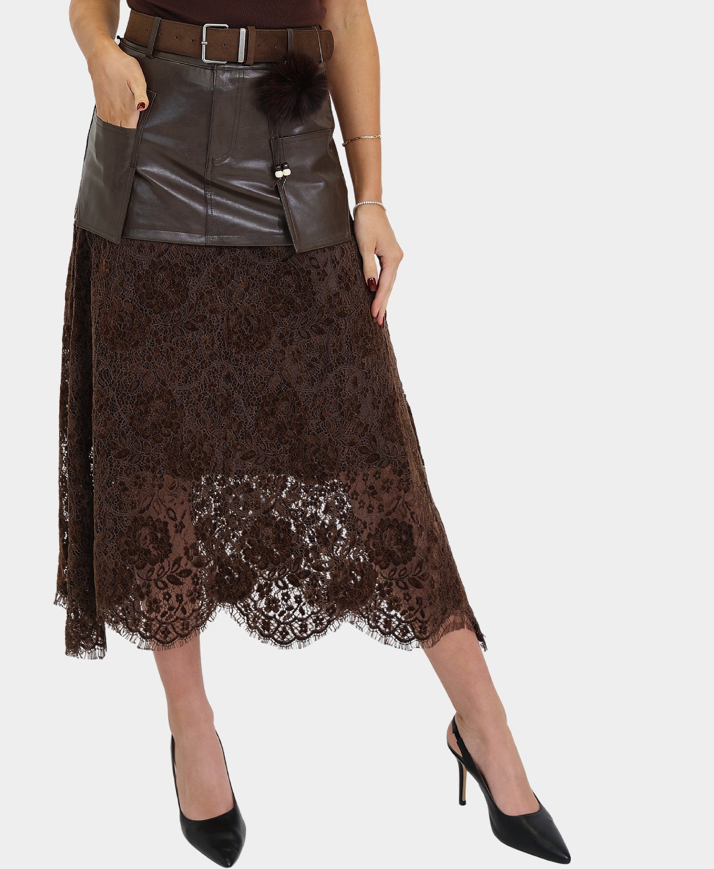Faux Leather & Lace Midi Skirt view 1