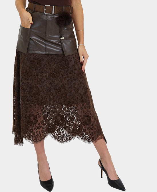 Faux Leather & Lace Midi Skirt view 