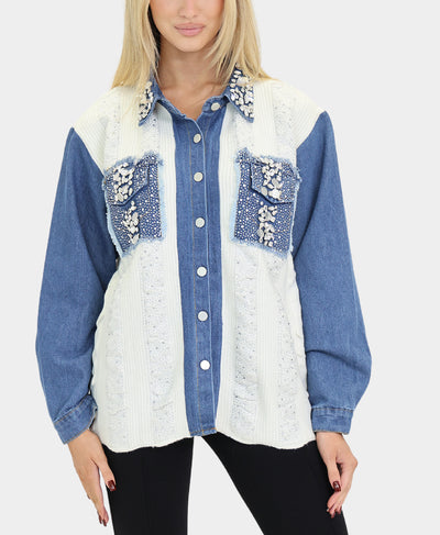 Sweater w/ Denim Trim & Jewels image 1