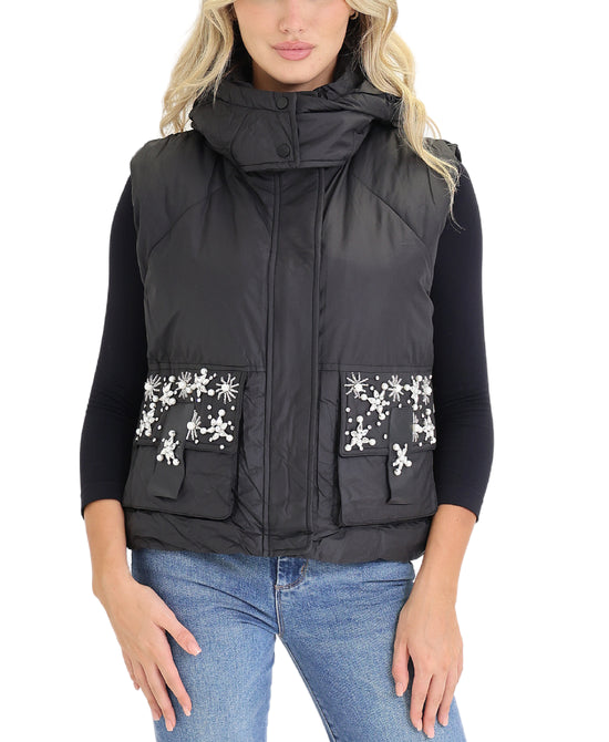 Puffer Vest w/ Sequins & Pearls view 