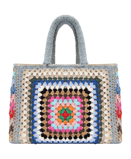 Straw Tote Bag w/ Knitted Crochet Cover view 1
