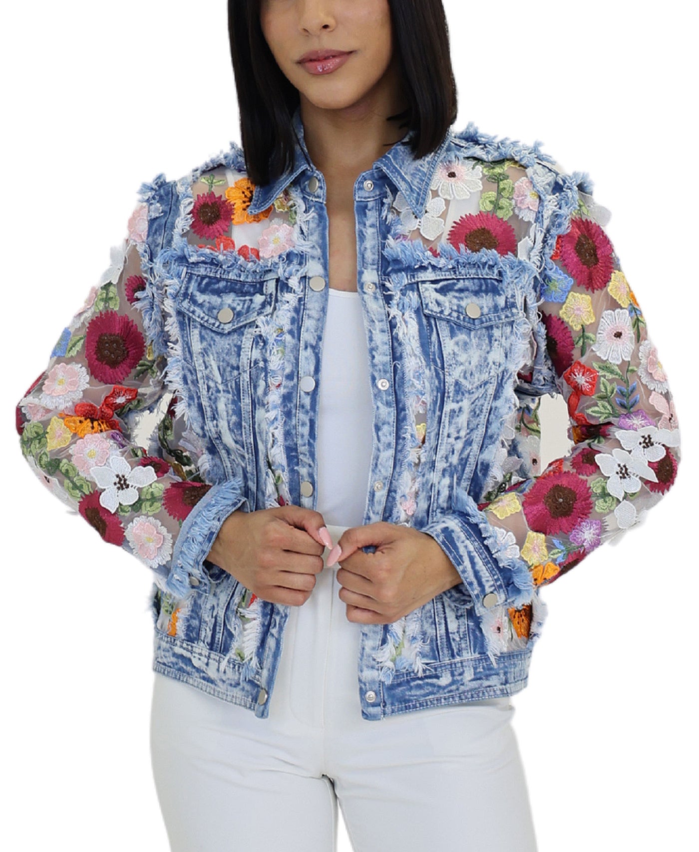 Floral Print Jacket w/ Frayed Denim view 1