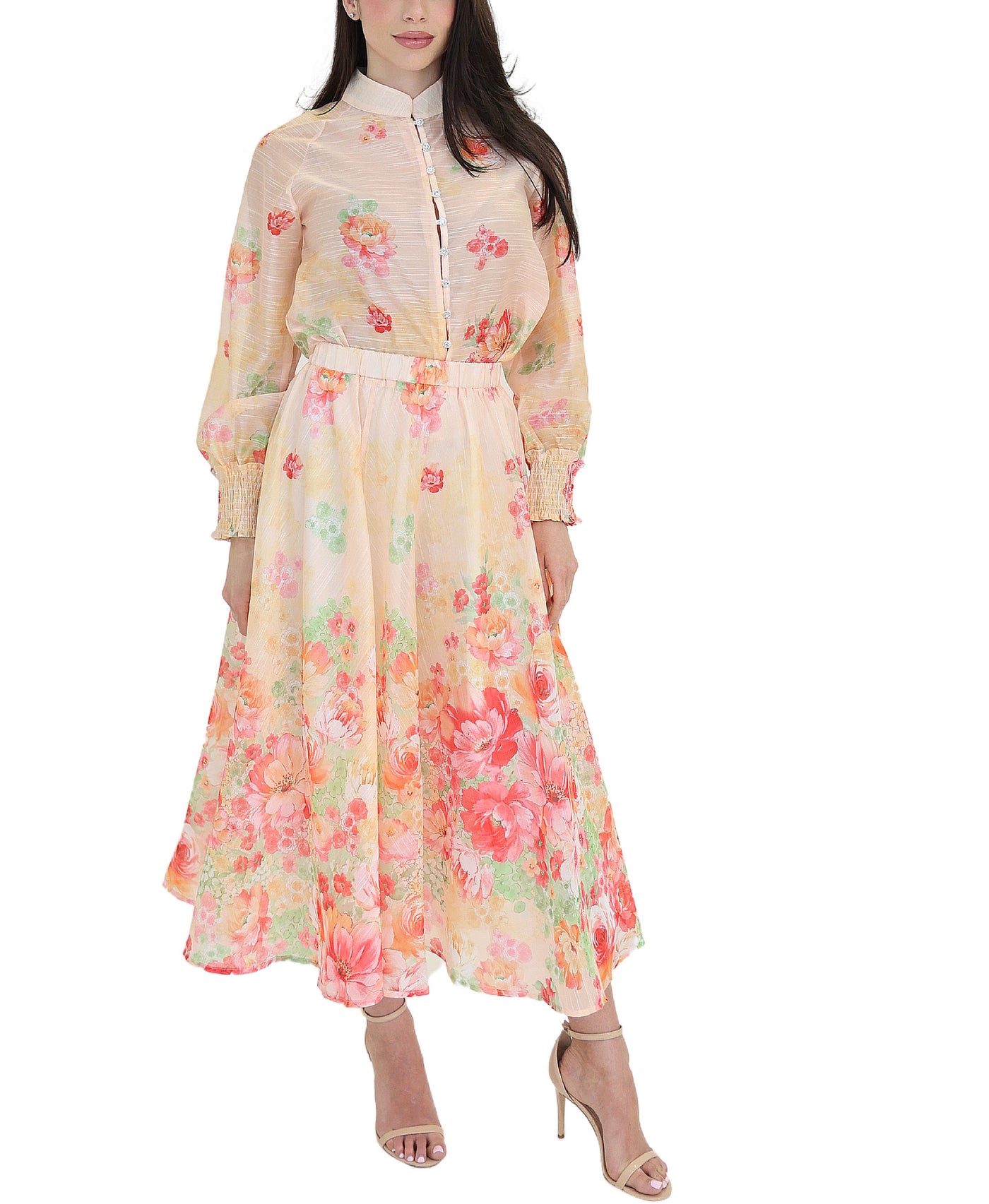 Floral Printed Blouse & Midi Skirt Set- 2 Pc Set view 1