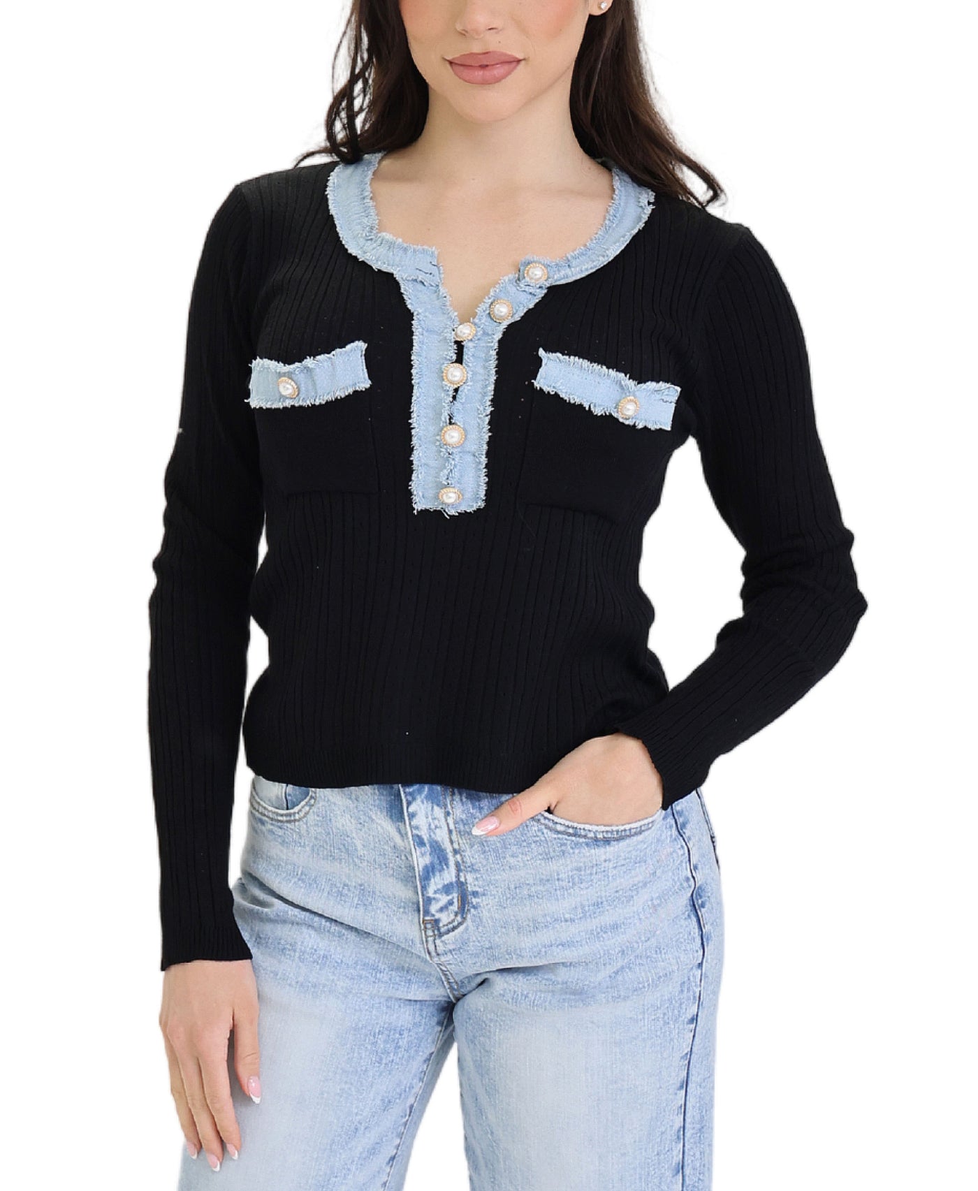 Denim Trim Knit Top view 1