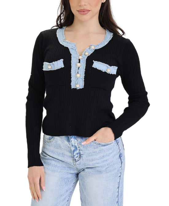 Denim Trim Knit Top view 