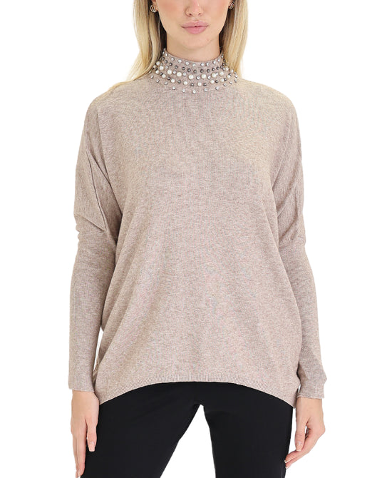 Sweater w/ Rhinestone & Pearl Collar view 