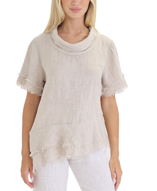 Linen Asymmetrical Top w/ Frayed Trim view 