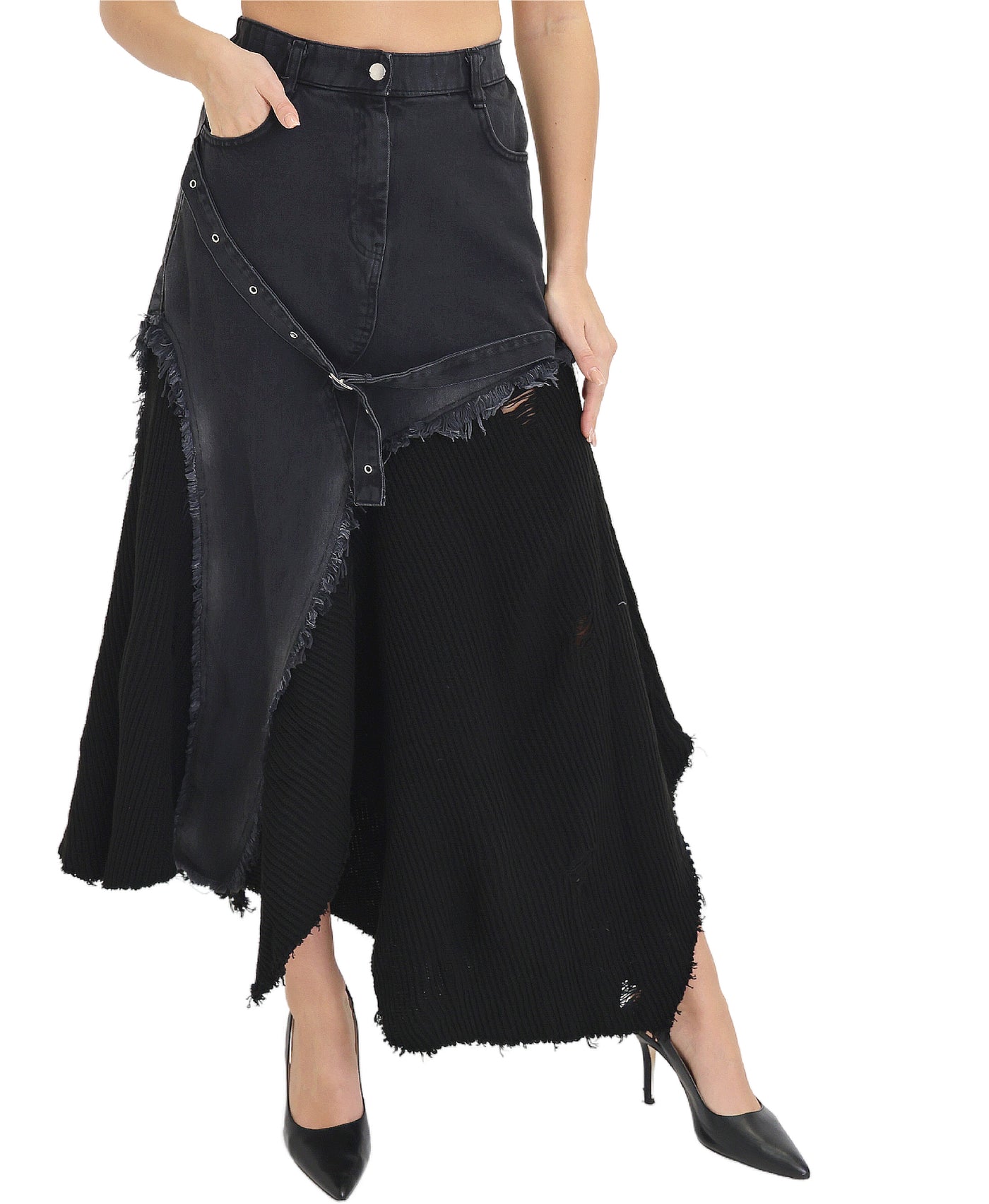 Frayed Denim & Knit Maxi Skirt view 1