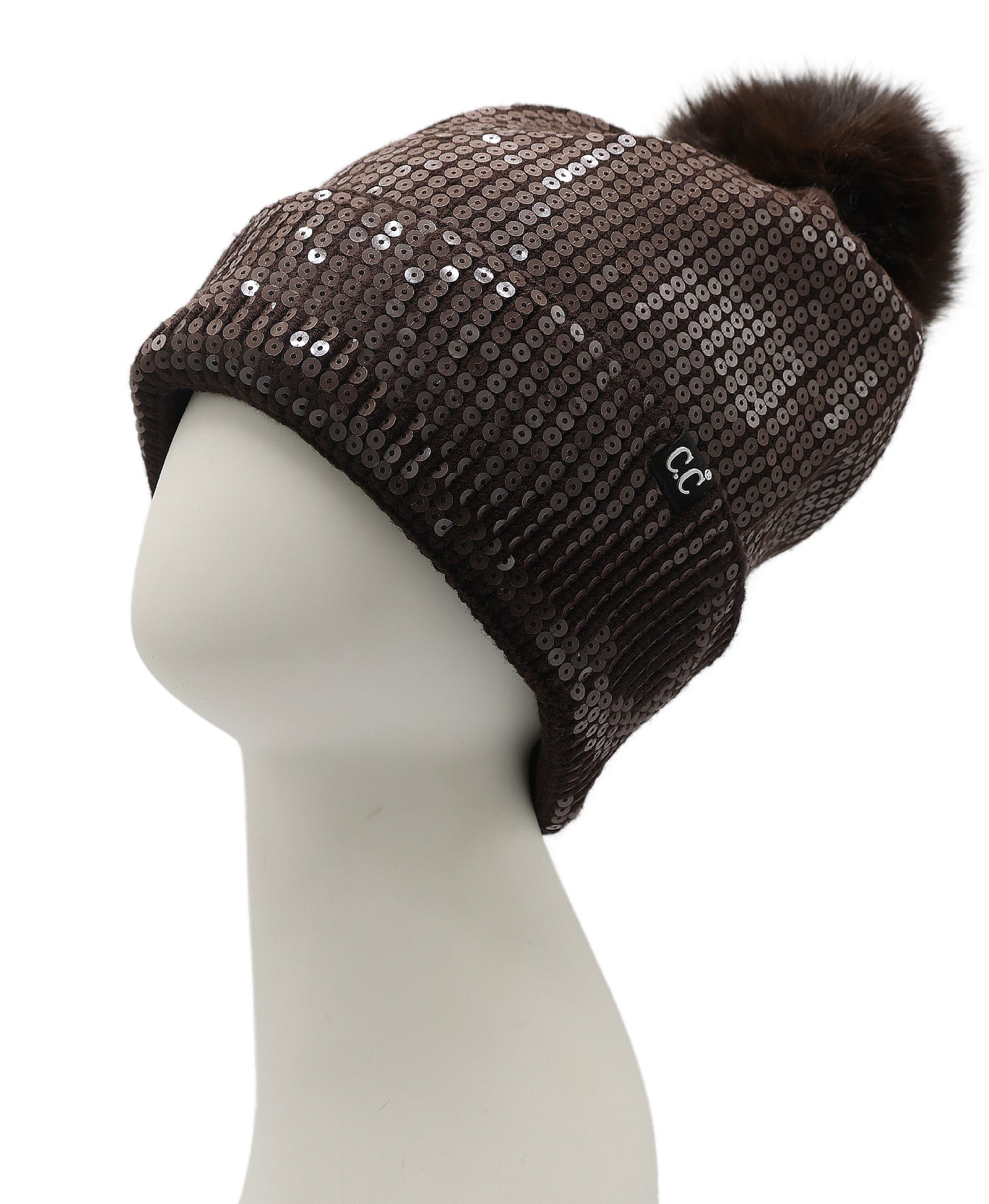 Sequin Hat w/ Faux Fur Pom view 1