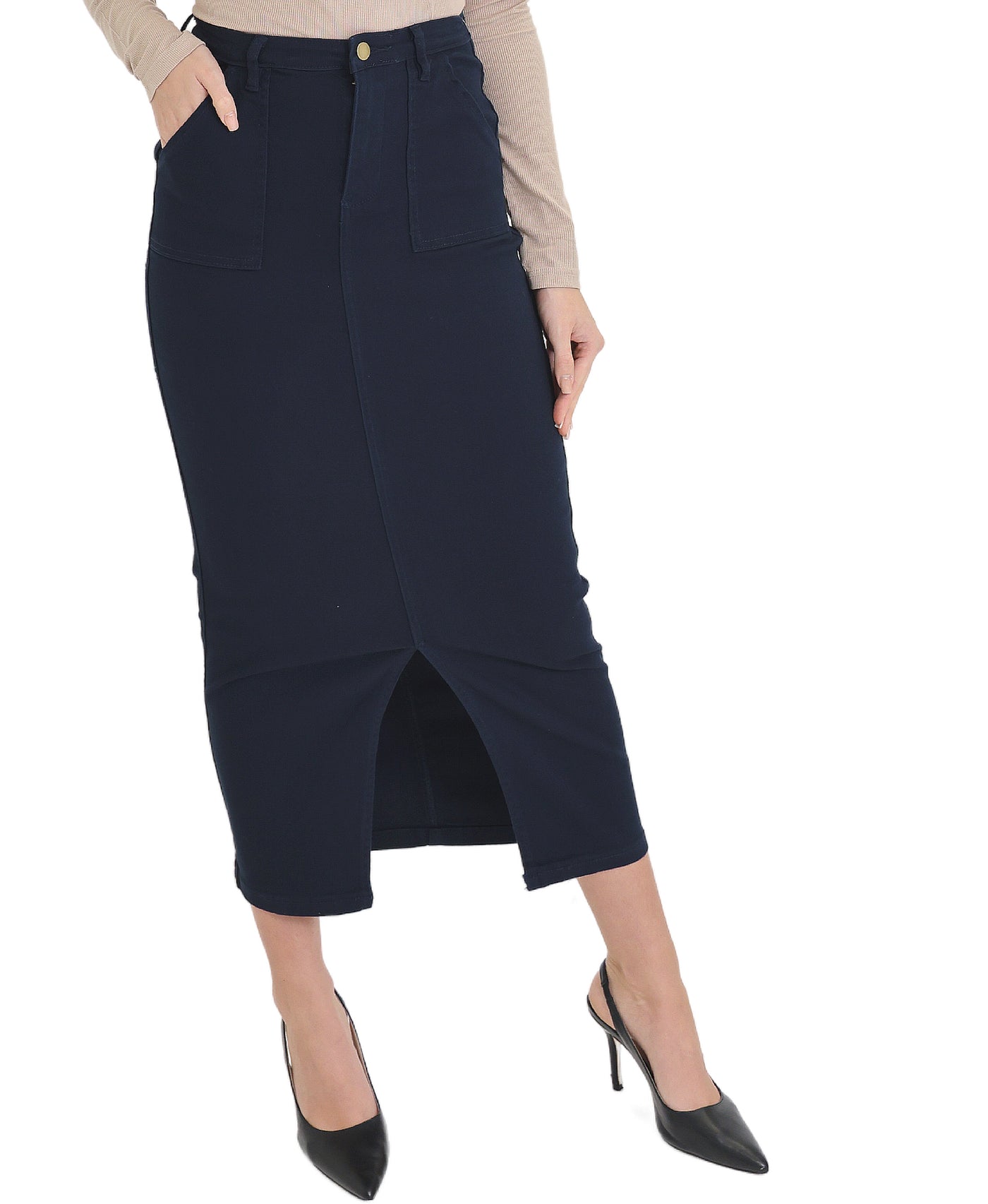 Denim Midi Skirt w/ Front Slit view 1