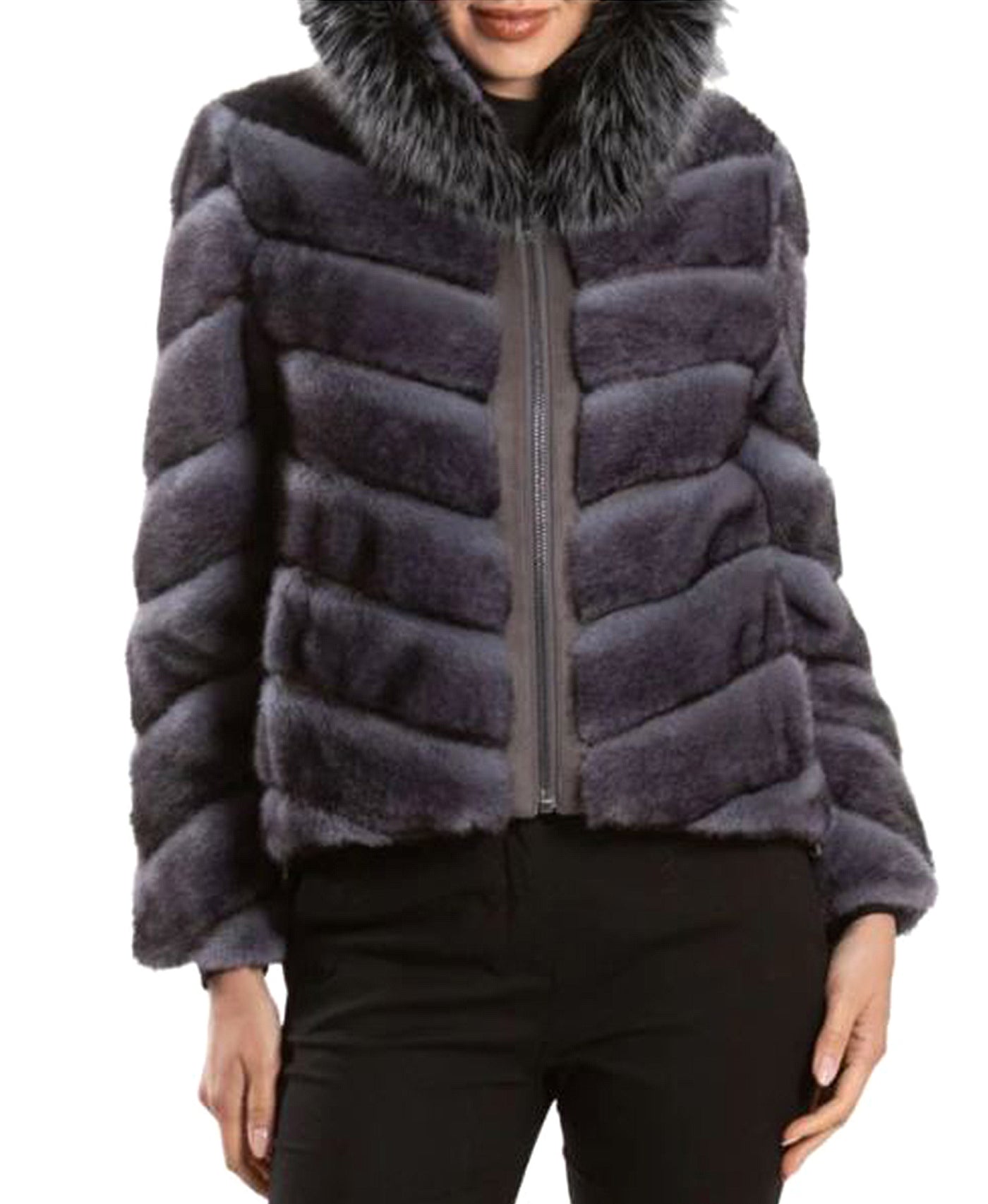 Chevron Hi-Lo Faux Fur Jacket w/ Hood view 1