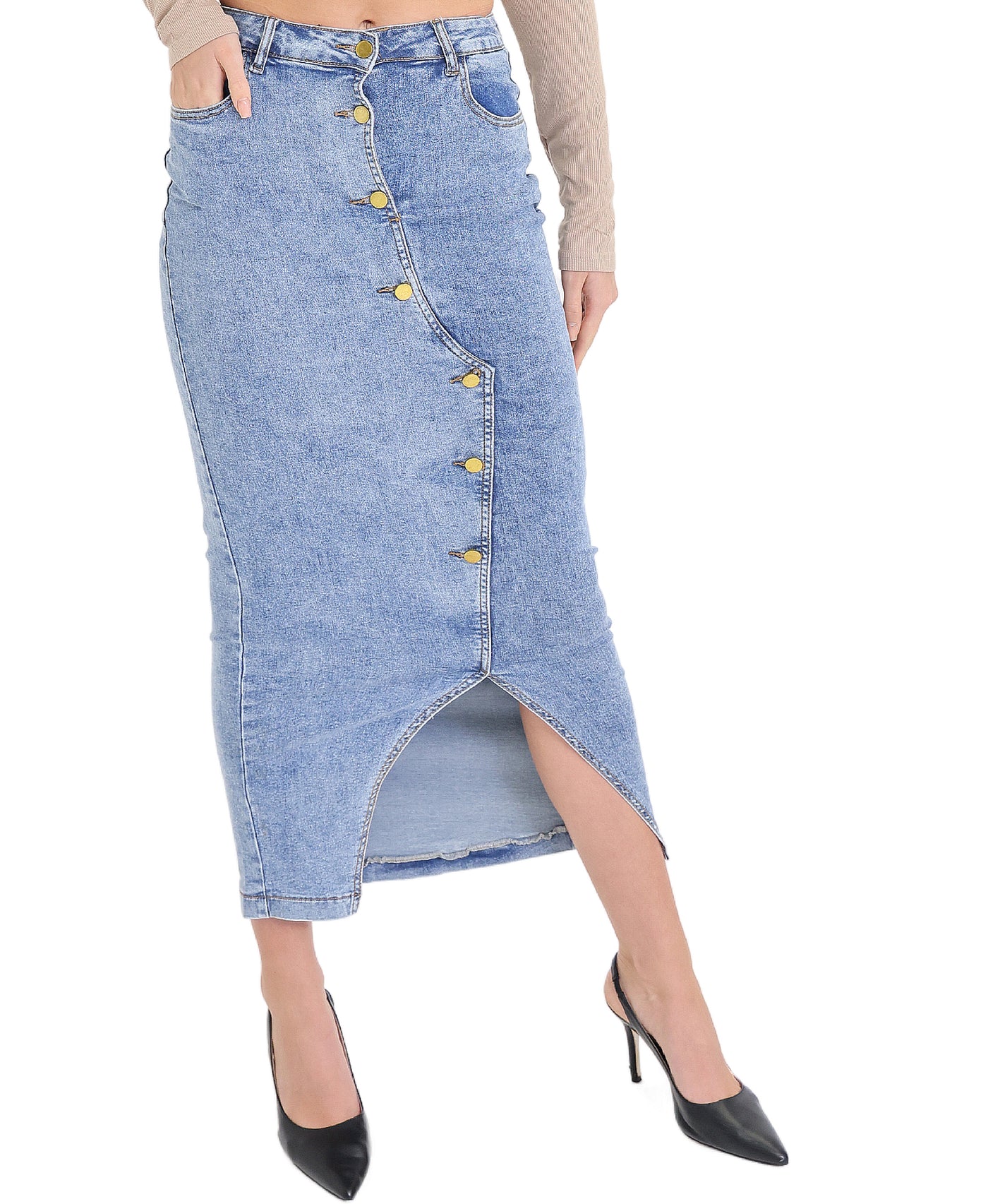 Denim Midi Skirt w/ Buttons view 1