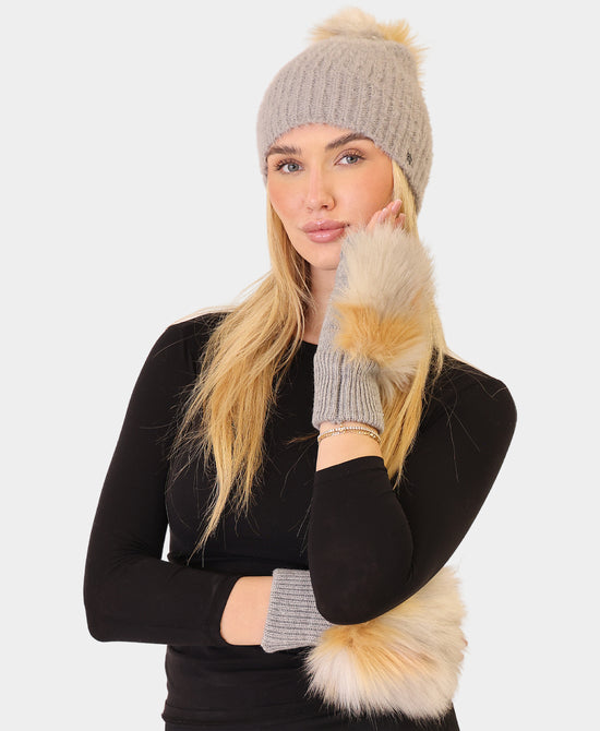 Knit Hat & Fingerless Gloves w/ Faux Fur- 2pc Set view 