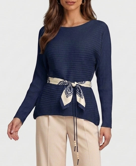 
Knit Ribbed Sweater w/ Scarf Belt in NAVY view 1