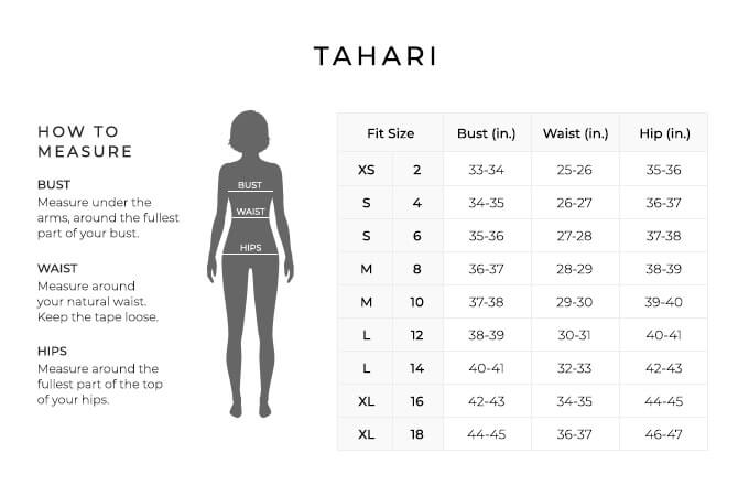 Size Chart for Amanda Tahari.

Size Extra Small, 2. Bust 33 to 34 inches, Waist 25 to 26 inches, Hip 35 to 36 inches.
Size Small, 4. Bust 34 to 35 inches, Waist 26 to 27 inches, Hip 36 to 37 inches.
Size Small, 6. Bust 35 to 36 inches, Waist 27 to 28 inches, Hip 37 to 38 inches.
Size Medium, 8. Bust 36 to 37 inches, Waist 28 to 29 inches, Hip 38 to 39 inches.
Size Medium, 10. Bust 37 to 38 inches, Waist 29 to 30 inches, Hip 39 to 40 inches.
Size Large, 12. Bust 38 to 39 inches, Waist 30 to 31 inches, Hip 40 to 41 inches.
Size Large, 14. Bust 40 to 41 inches, Waist 32 to 33 inches, Hip 42 to 43 inches.
Size Extra Large, 16. Bust 42 to 43 inches, Waist 34 to 35 inches, Hip 44 to 45 inches.
Size Extra Large, 18. Bust 44 to 45 inches, Waist 36 to 37 inches, Hip 46 to 47 inches.

How to Measure.
Bust. Measure under the arms, around the fullest part of your bust.
Waist. Measure around your natural waist. Keep the tape loose.
Hips. Measure around the fullest part of the top of your hips.