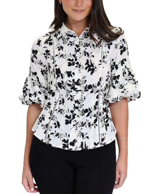 Floral Print Top w/ Puff Sleeves view 1