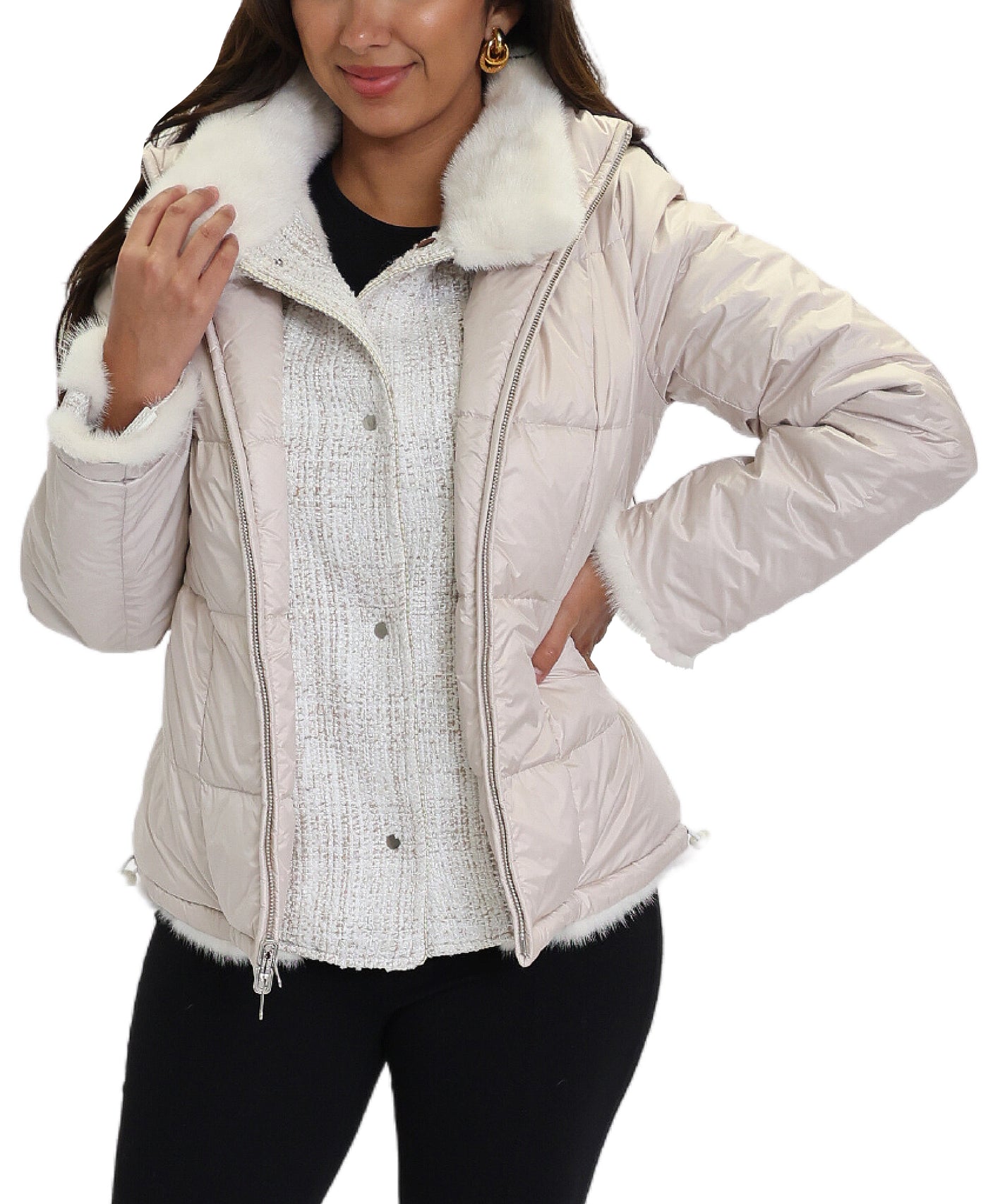 Reversible Fur, Tweed Puffer Jacket image 3