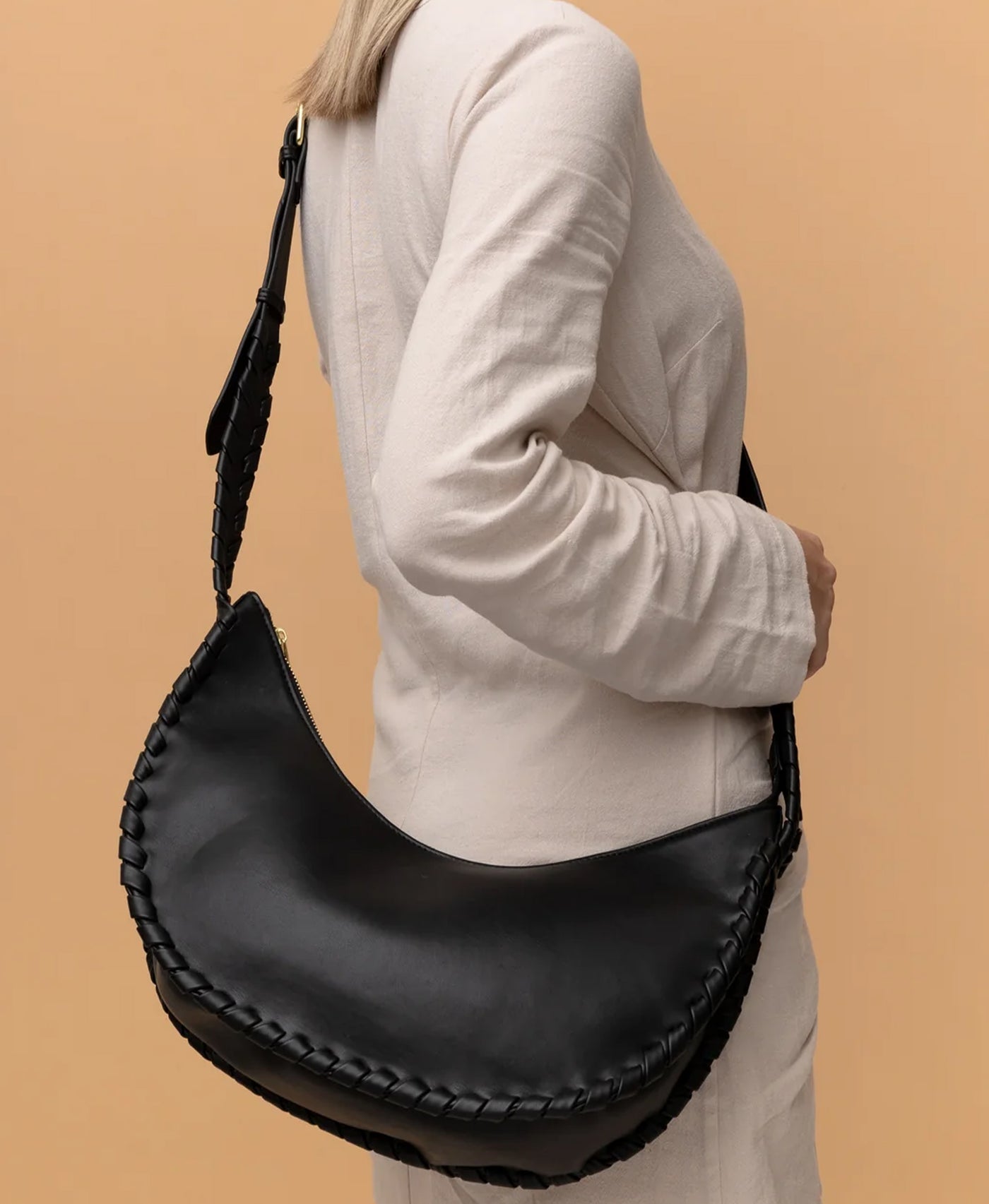 Large Vegan Leather Cresent Crossbody Bag w/ Braiding image 3